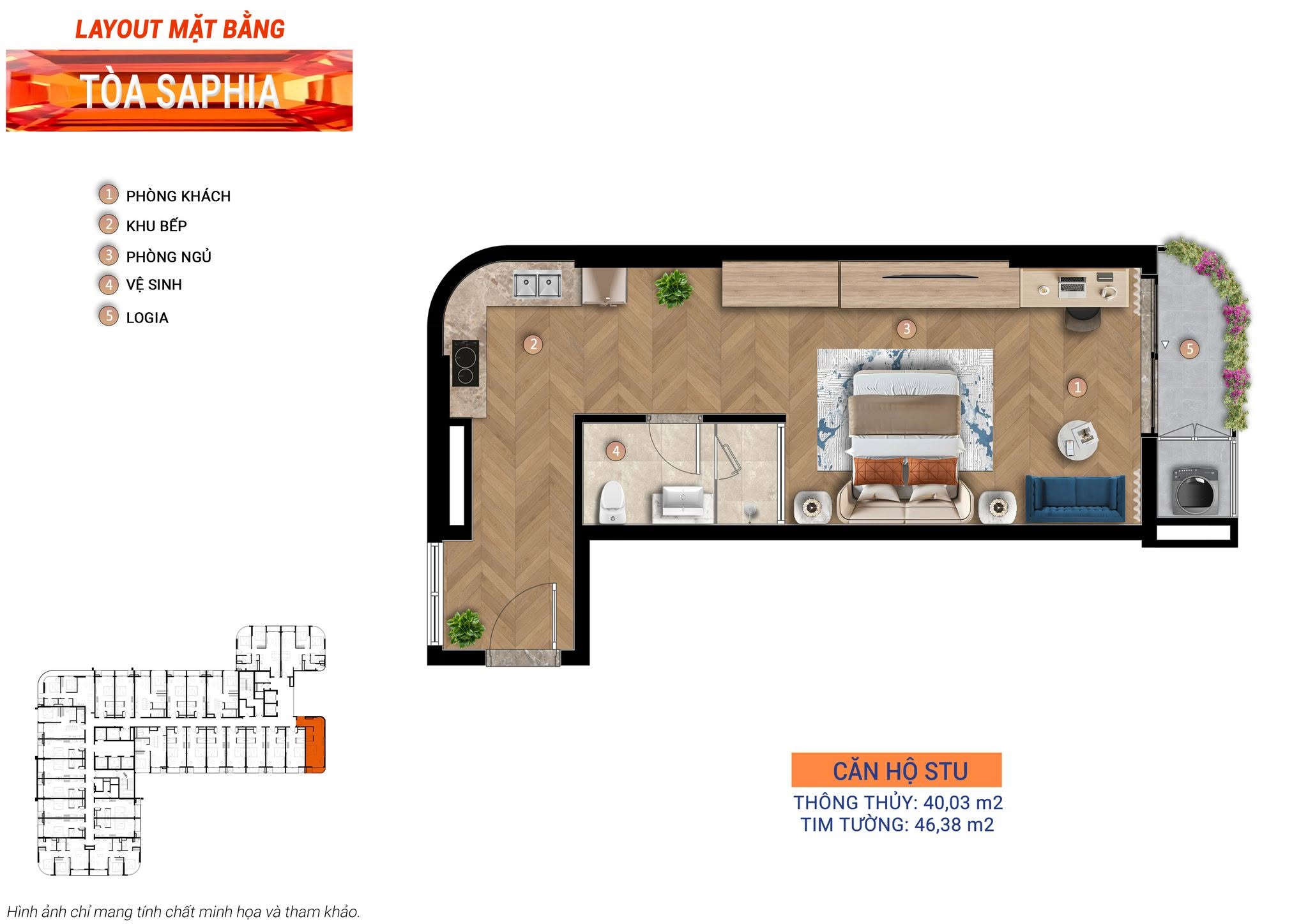 Mat bang can studio 40m2 Sun Saphia Residence